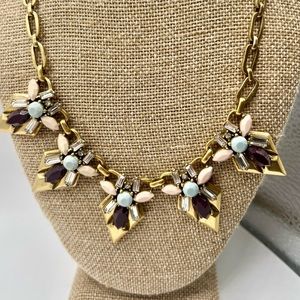 J. Crew Art Deco Necklace w/Pink,Blue,Plum & Clear Faceted Rhinestones